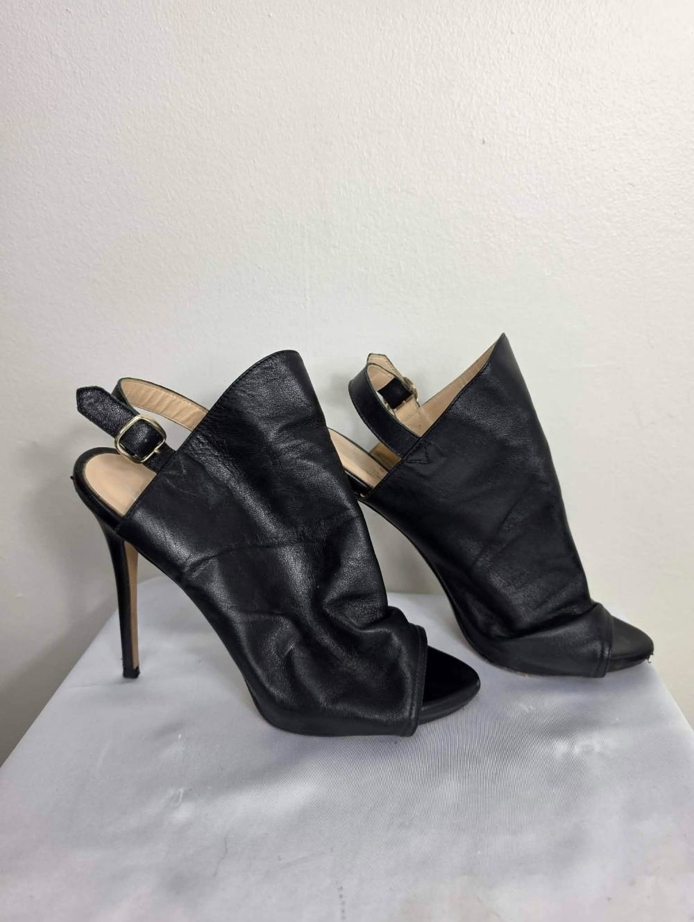 SpazioModa Black Leather Open-Toe Slingback High Heels Made In Italy